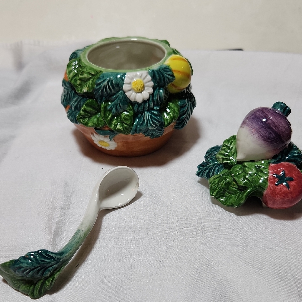 Fitz and Floyd Ceramic Sugar Bowl Or Jam Jar  with Orange and Green Veg Accents